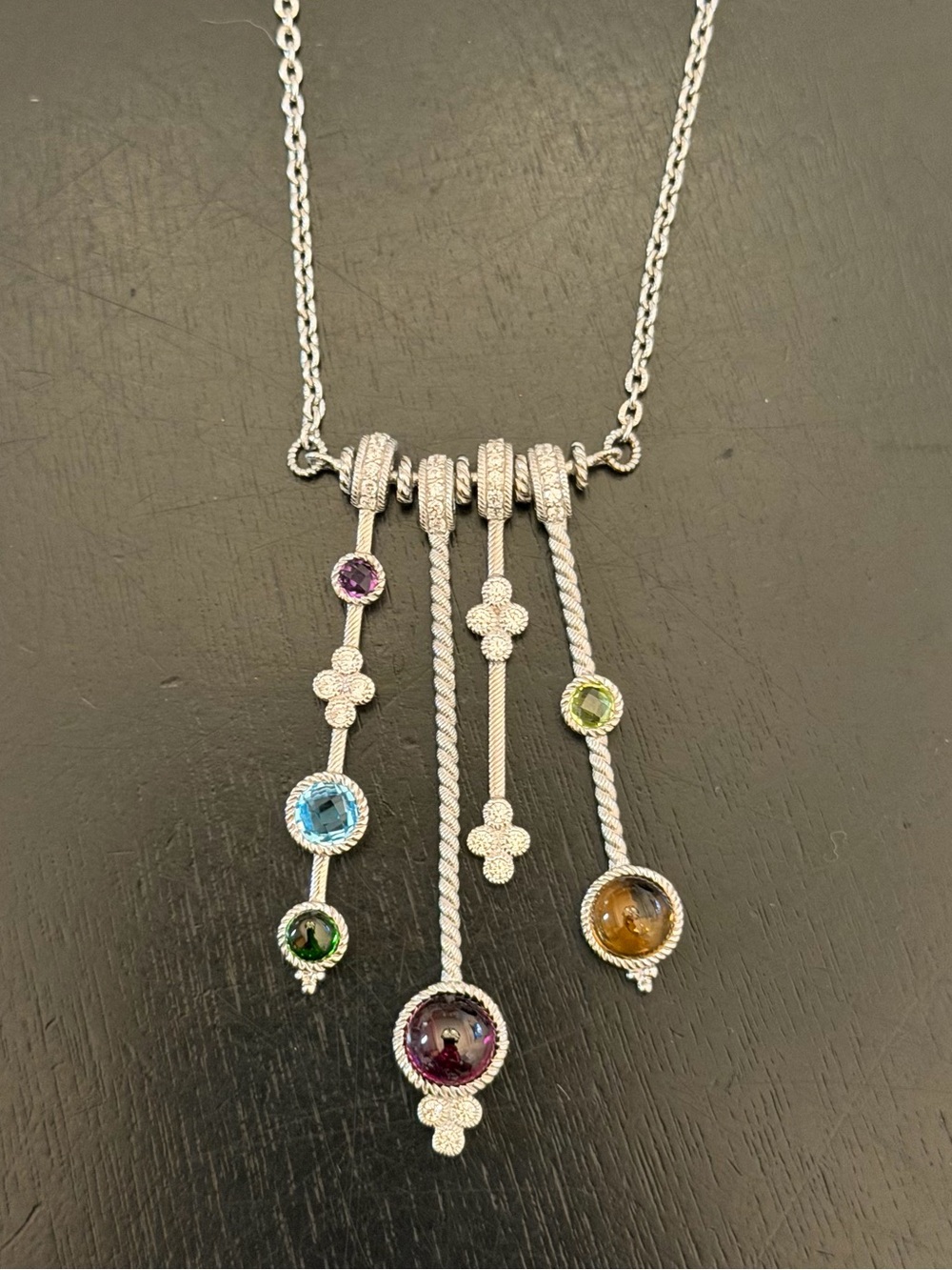 Judith Ripka Sterling Silver Multi Gemstone Fringe Dangle Necklace NEW 18”
